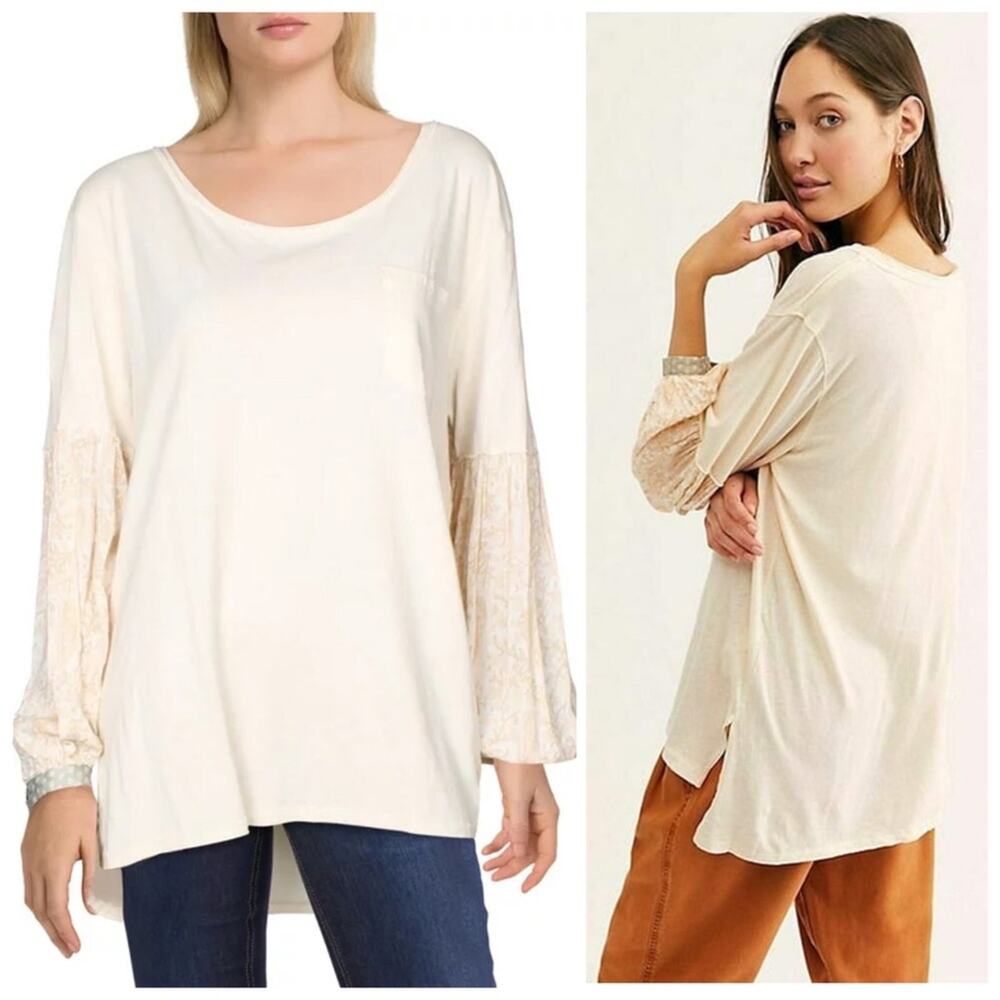 Free People NWT Cotton Blouse Pink Floral Long Sleeved Relaxed Top